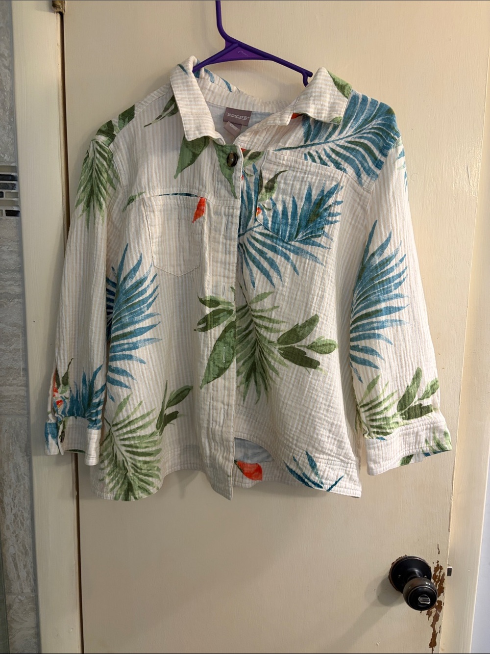 Chico's White Tropical Leaf Print Button-Up Jacket
